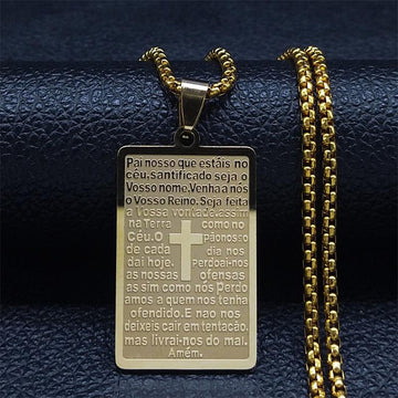 Christian Cross Bible Verse Prayer Necklace - Stainless Steel Portuguese Religious Necklaces - The Jewellery Supermarket